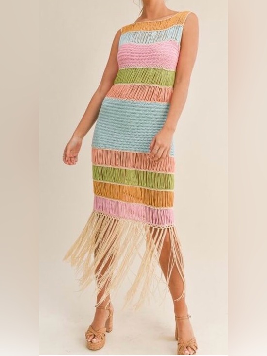 Mable Dresses & Skirts - Crochet Fringed Striped Knit Midi Dress in Multicolor